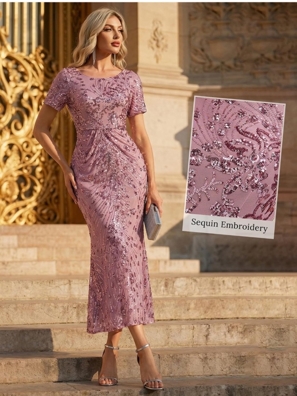 Ever Pretty Dusty Rose Sequin Embroidered Midi Dress